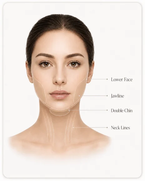 Face and neck diagram showing the main treatment areas for the Neck Wrinkle Program