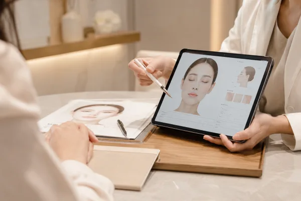 タブレットの肌分析画面を見ながらSunny施術を相談する様子