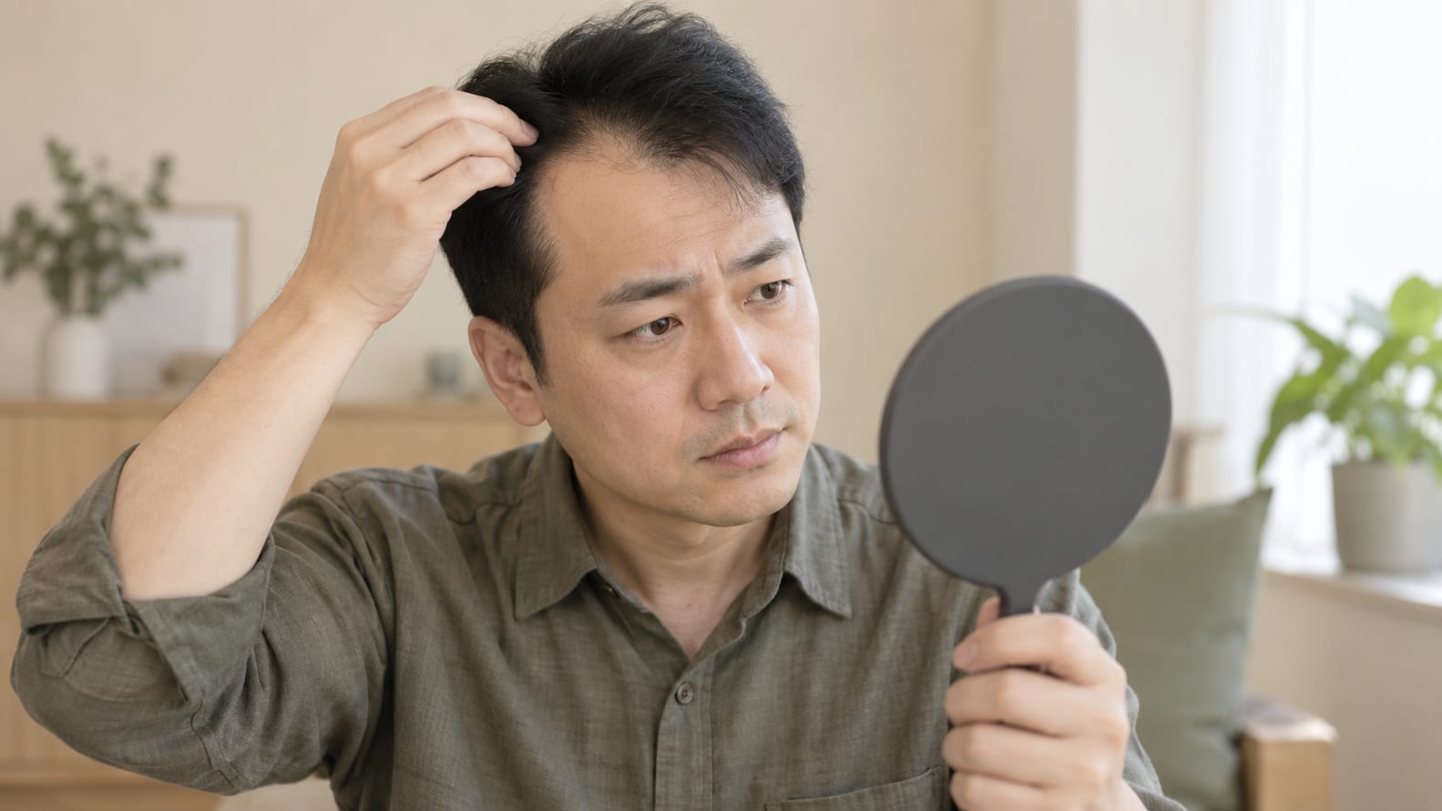 손거울을 보며 앞머리를 들어 올려 헤어라인을 확인하는 남성