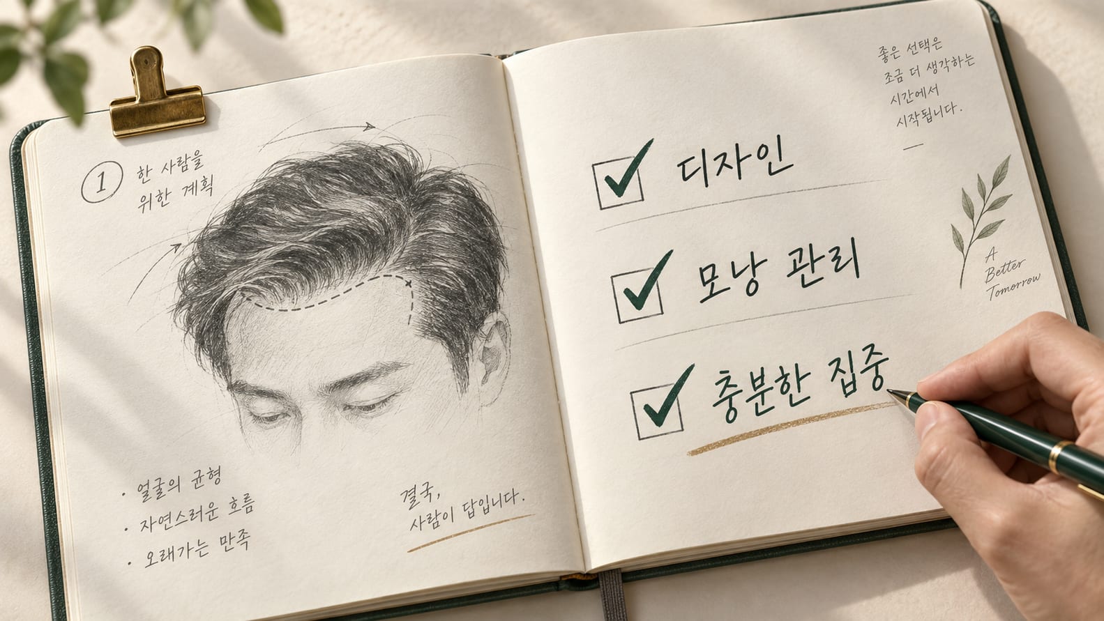 펼친 노트에 헤어라인 스케치와 모발이식 병원 선택 기준을 정리하고 펜으로 표시하는 모습