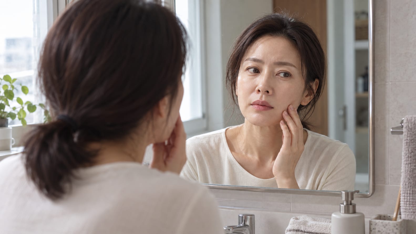 체중 감량 후 얼굴 볼륨과 탄력 변화를 살펴보며 턱선을 만지는 40대 여성