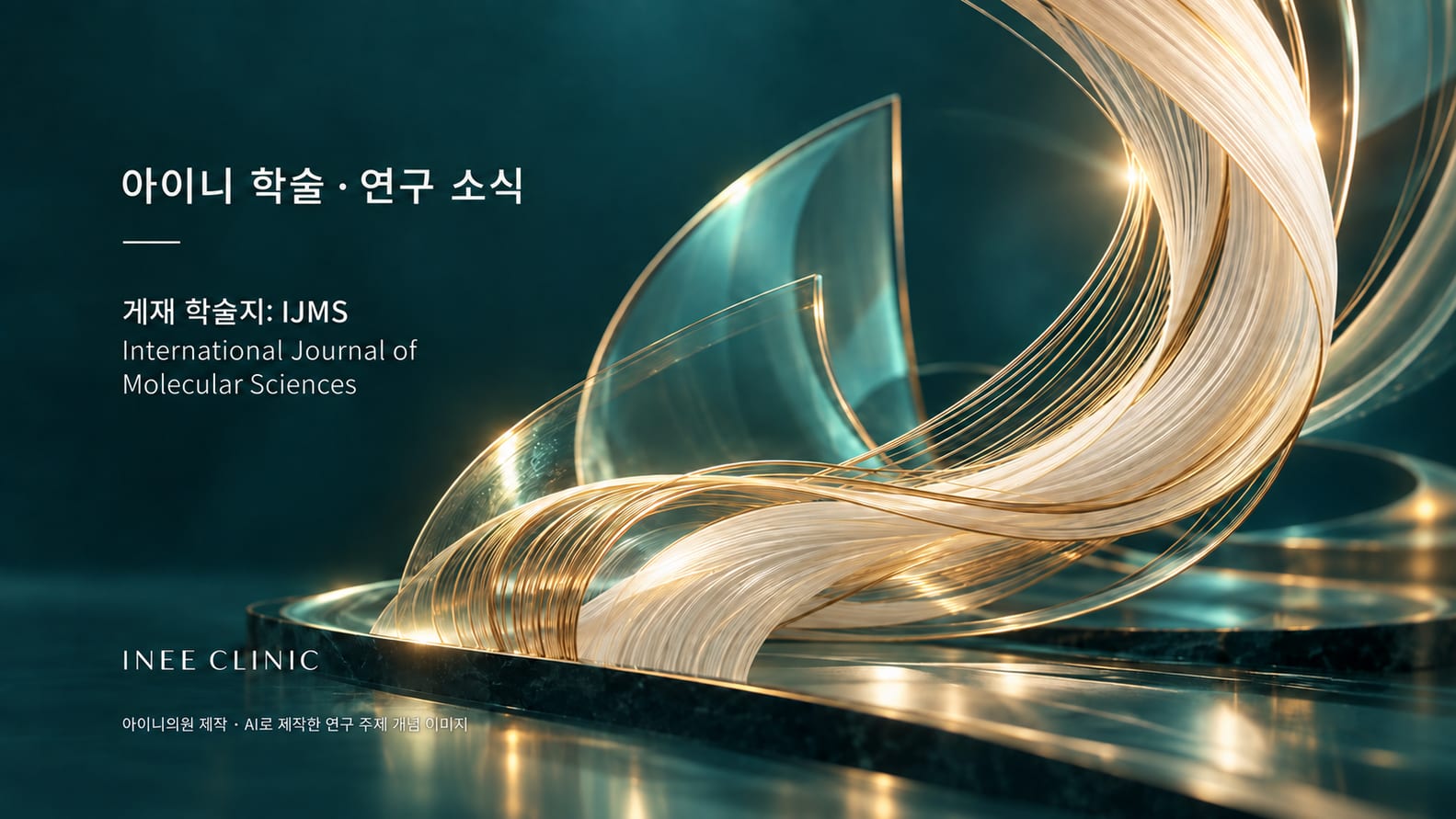 아이니 학술·연구 소식과 게재 학술지 IJMS를 안내하는 금빛 섬유와 유리 조형의 AI 개념 이미지