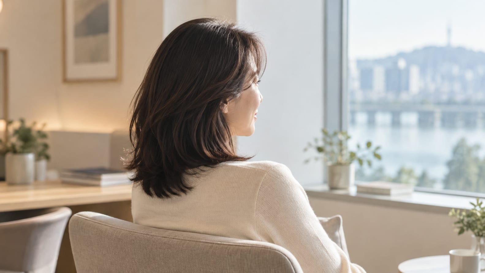 어깨 길이의 머리를 한 여성이 밝은 실내 의자에 앉아 창밖을 바라보는 뒷모습과 옆모습