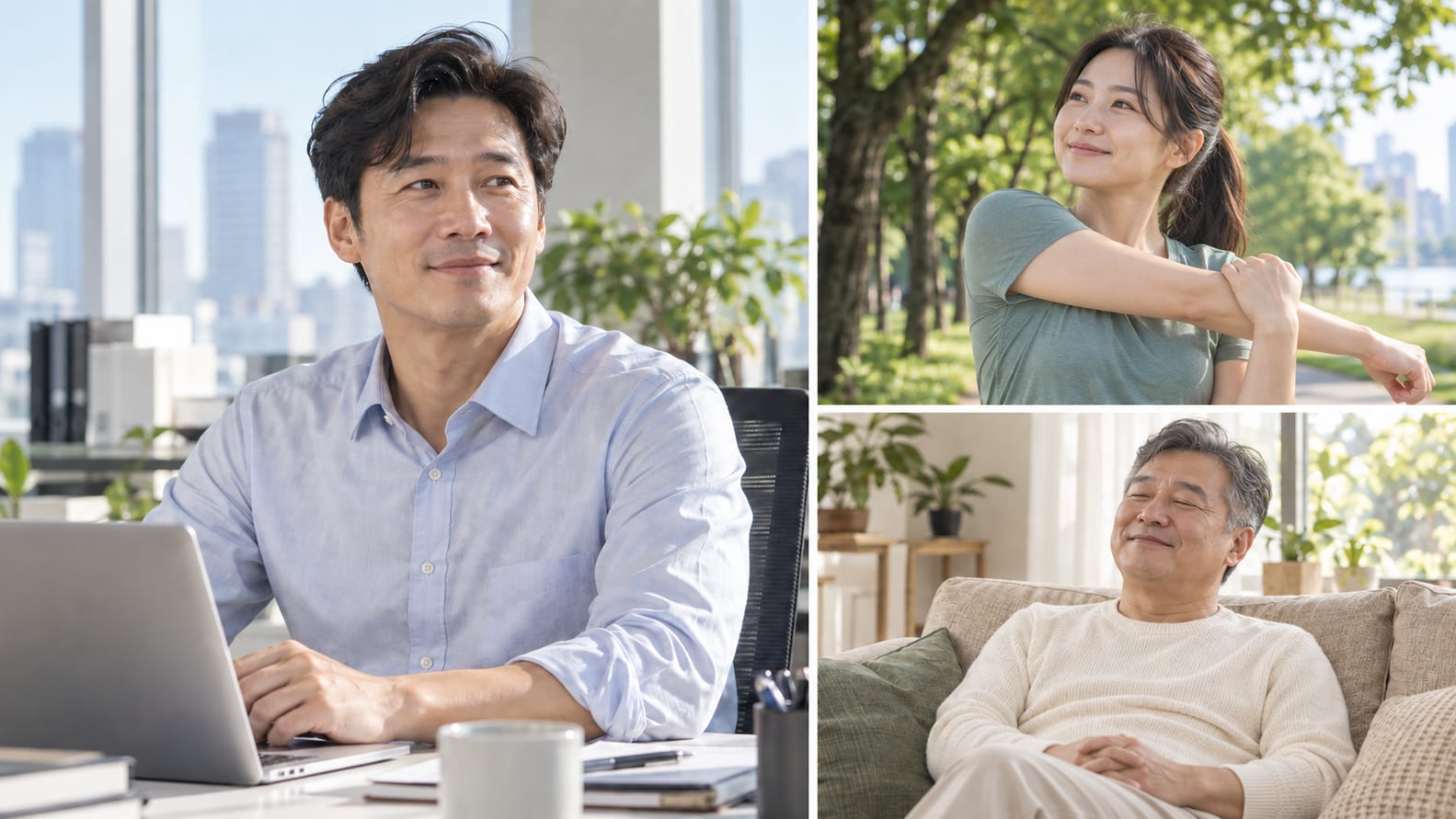 사무실에서 일하는 남성, 야외에서 스트레칭하는 여성, 소파에서 편안하게 쉬는 중년 남성을 담은 사진 콜라주.